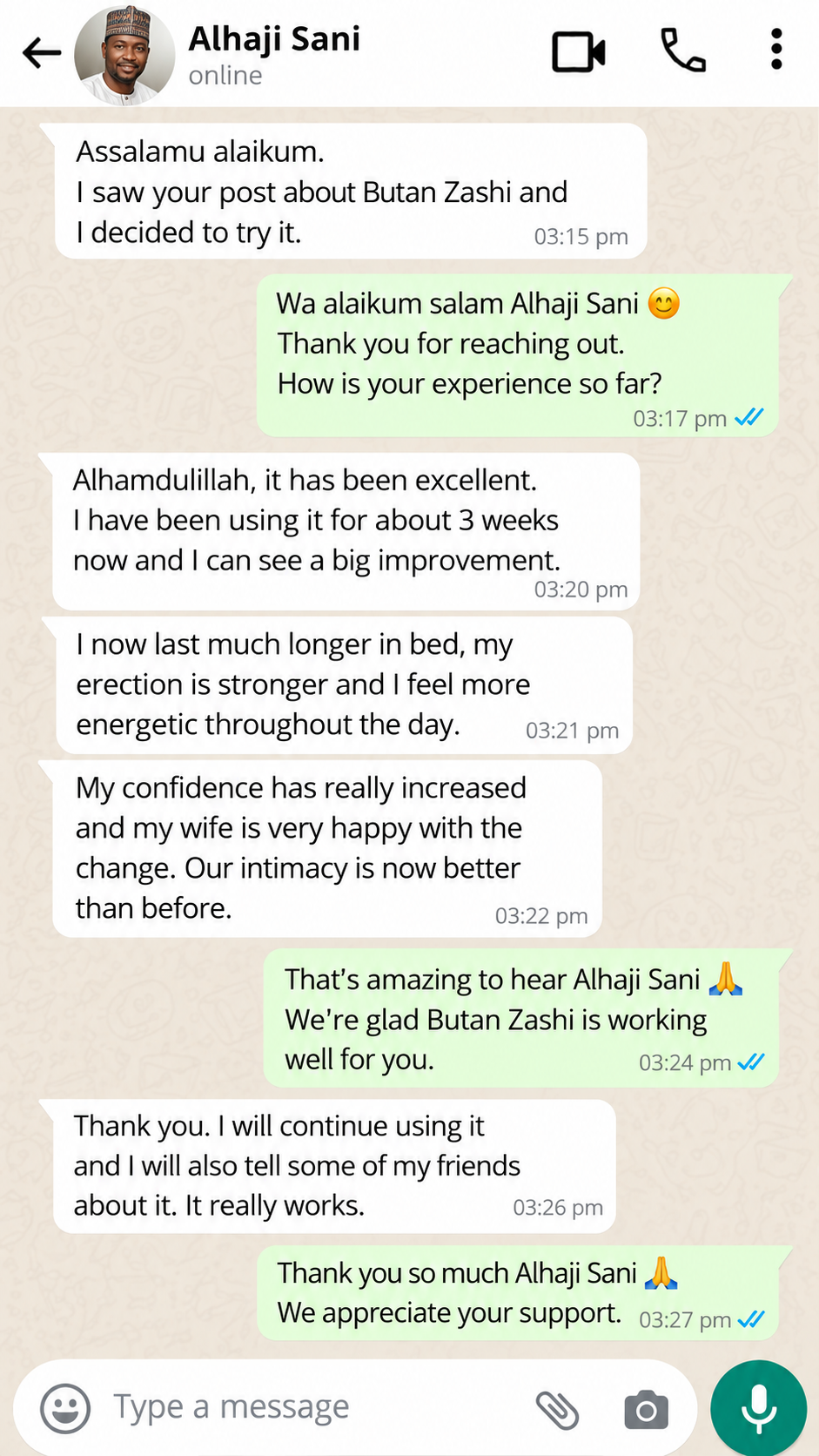 WhatsApp customer testimonial